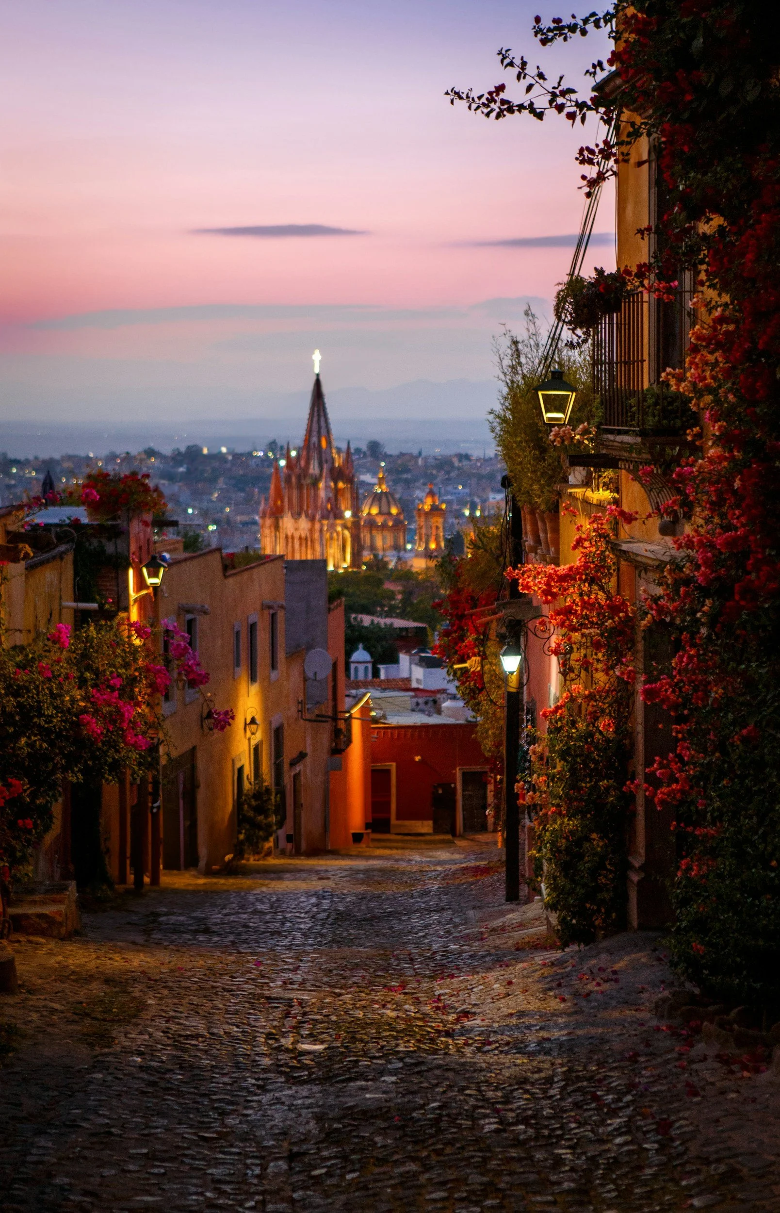 A cobblestone street in a historic town at dusk, lined with colorful buildings and blooming flowers, with a view of a cathedral in the distance under a pink and purple sky.
