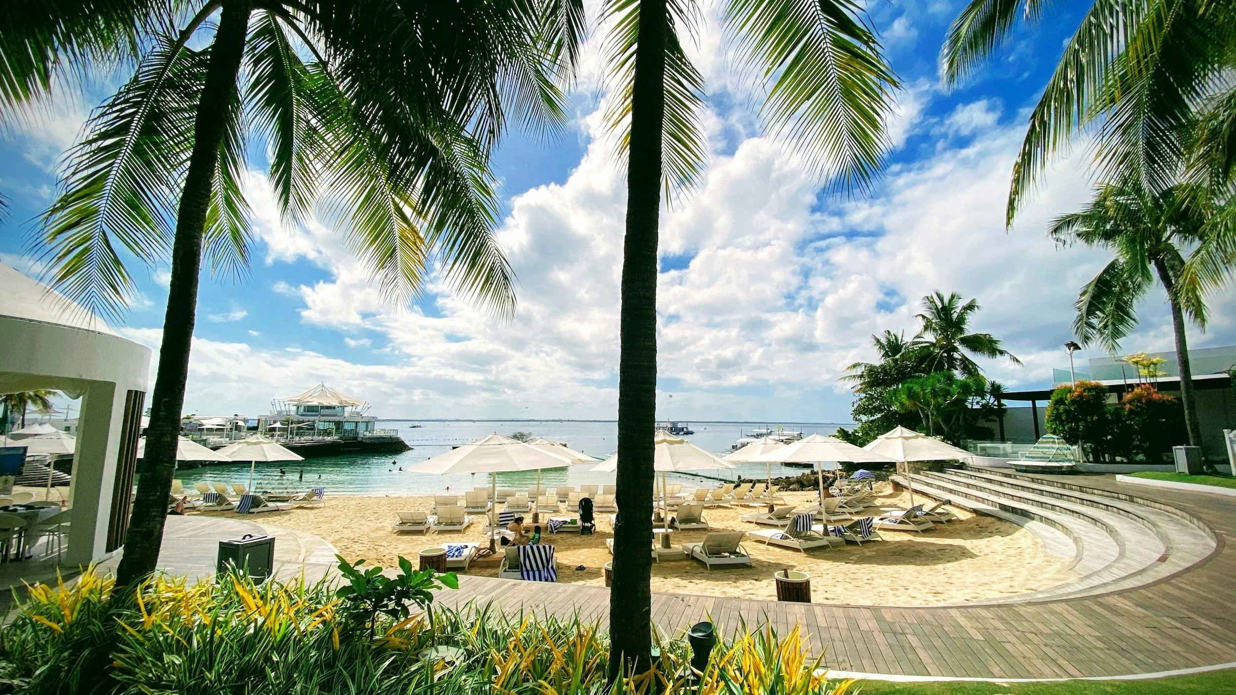 Beach scene with palm trees, white umbrellas, lounge chairs, and a view of the ocean and sky with clouds.