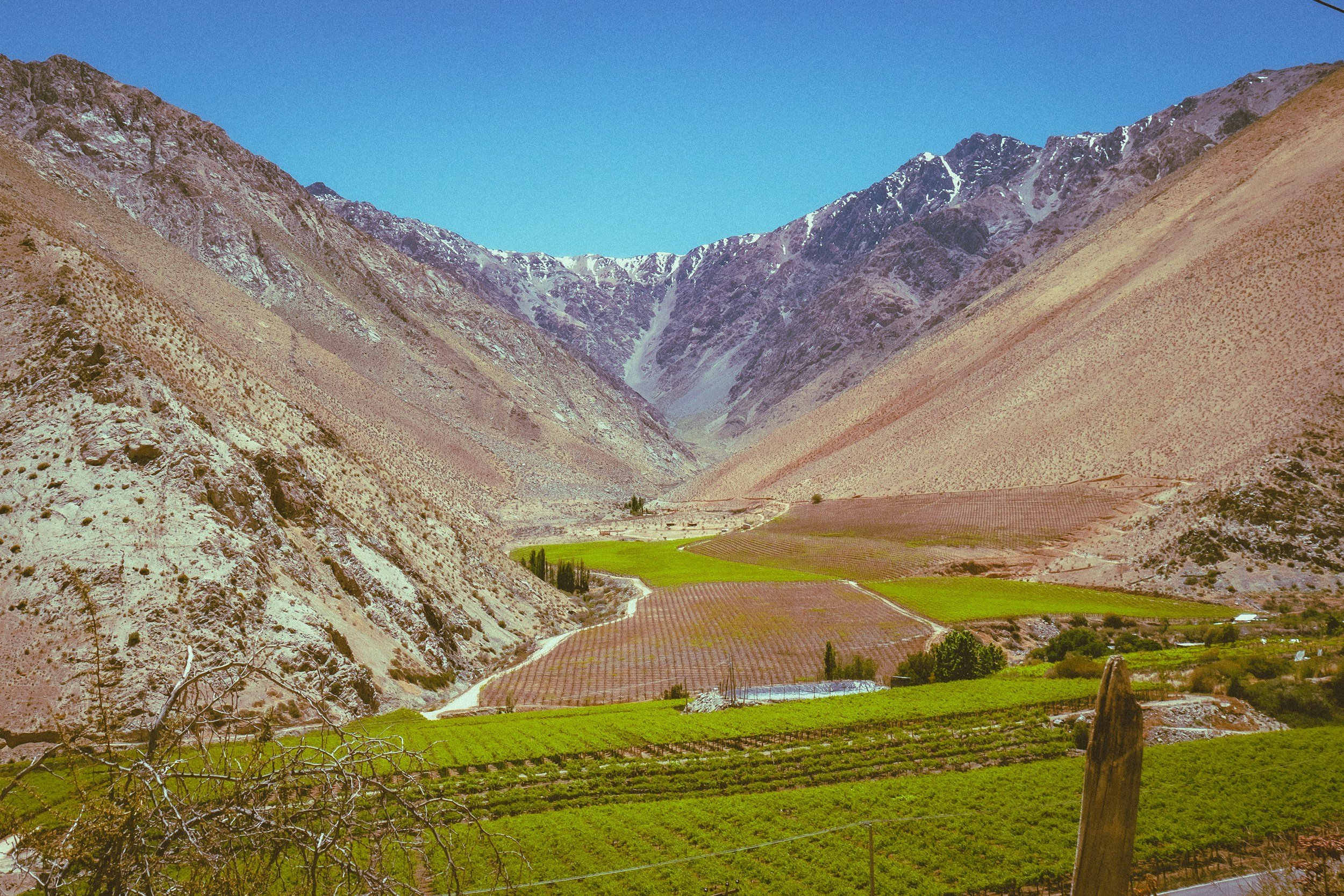 Valley with green farmland and vineyards surrounded by rocky mountains under a clear blue sky.