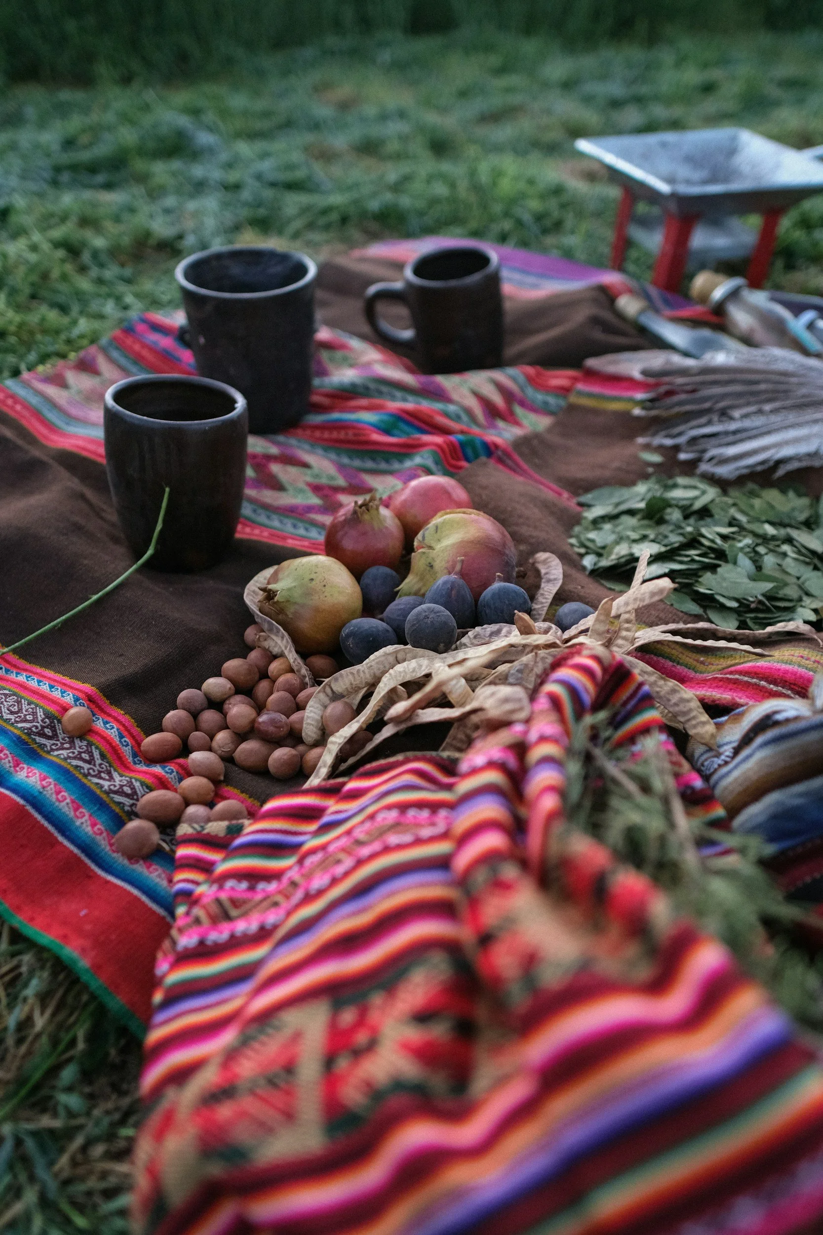 A colorful picnic blanket set on grass with fruit, clay cups, and utensils arranged for an outdoor meal.