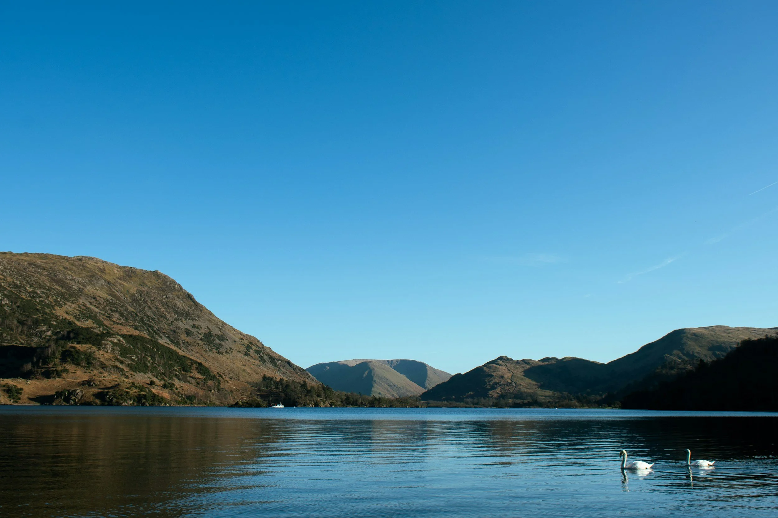 Un lago rodeado de montañas con dos cisnes nadando en el agua bajo un cielo azul despejado.