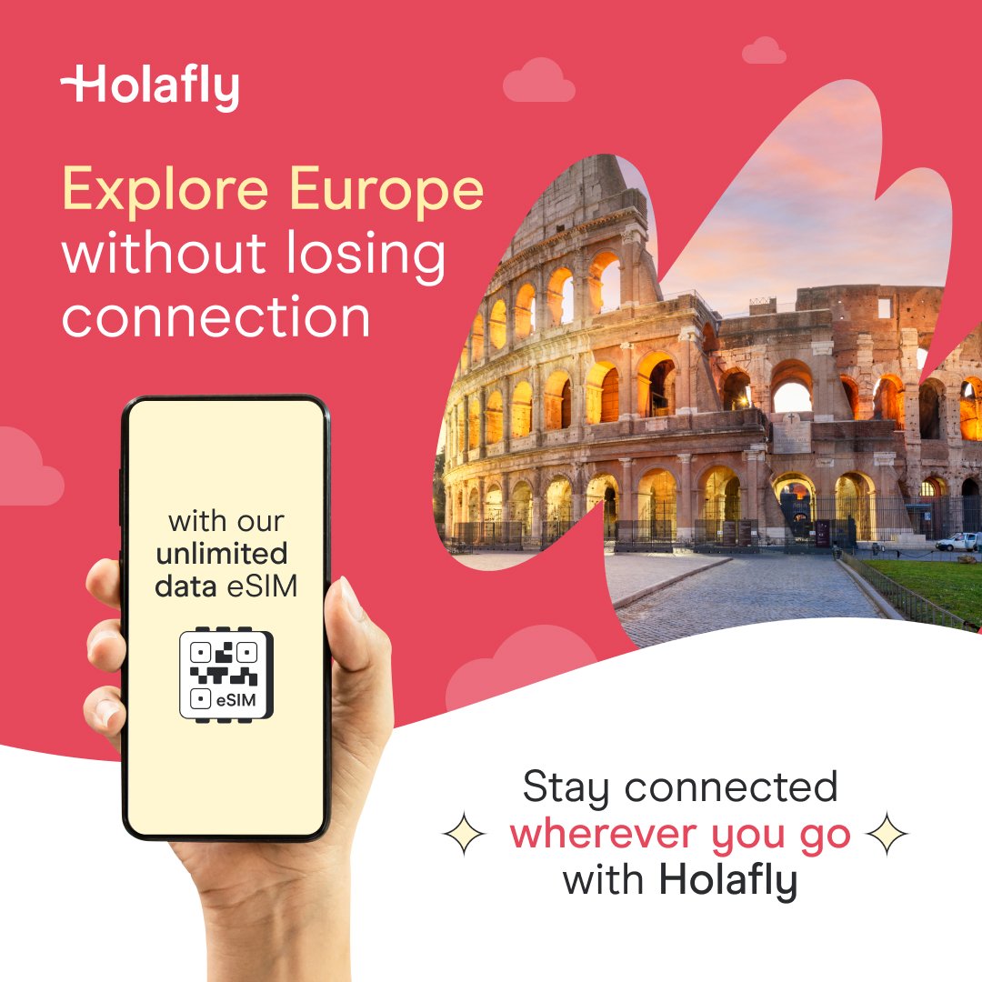 Publicidad de un servicio de eSIM de HolaFly con una imagen del Coliseo de Roma y un teléfono móvil mostrando la oferta de datos ilimitados, en colores rosa y blanco con texto en inglés y español.
