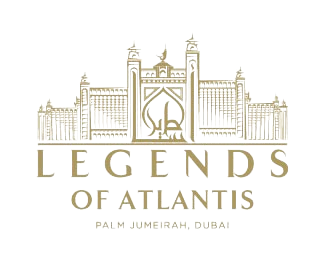 Logo de 'Legends of Atlantis' en Palm Jumeirah, Dubái, con una imagen de una estructura arquitectónica antigua y el texto en inglés y árabe.