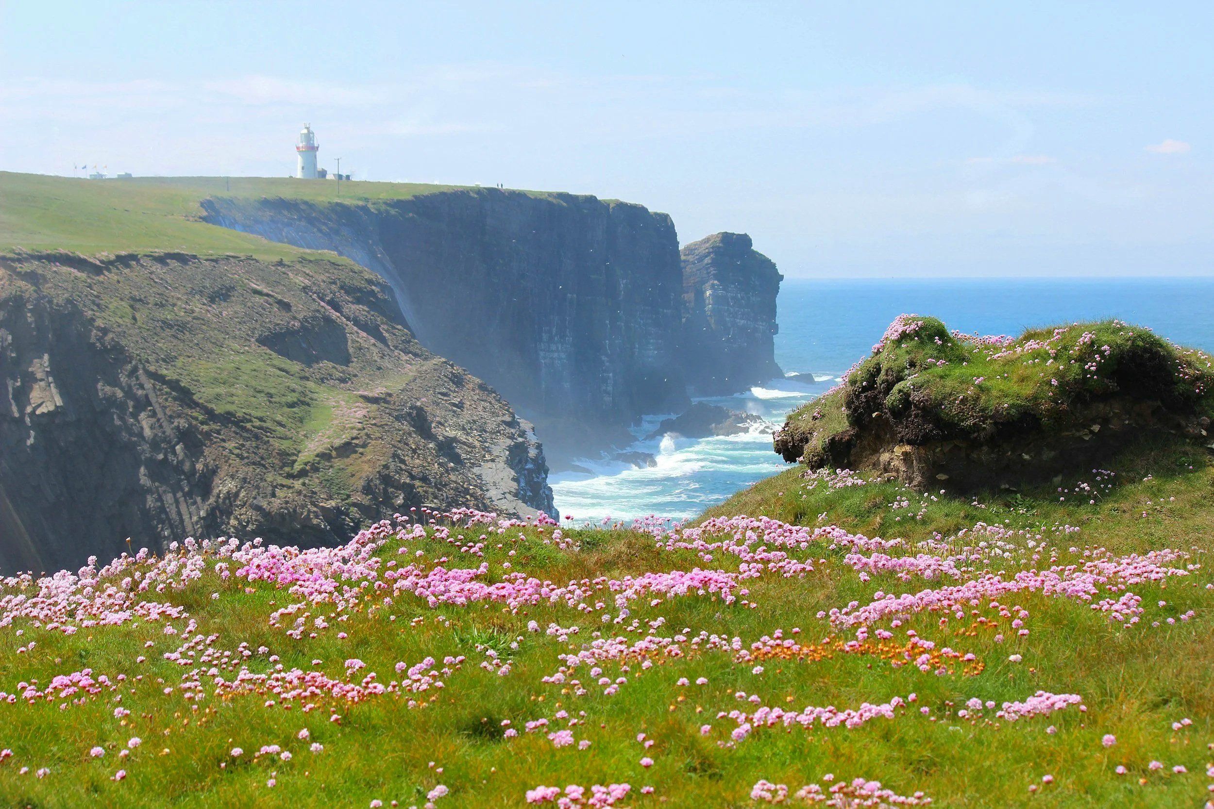 Acantilados con vegetación y flores en primer plano, vista del océano y un faro en la cima de los acantilados.