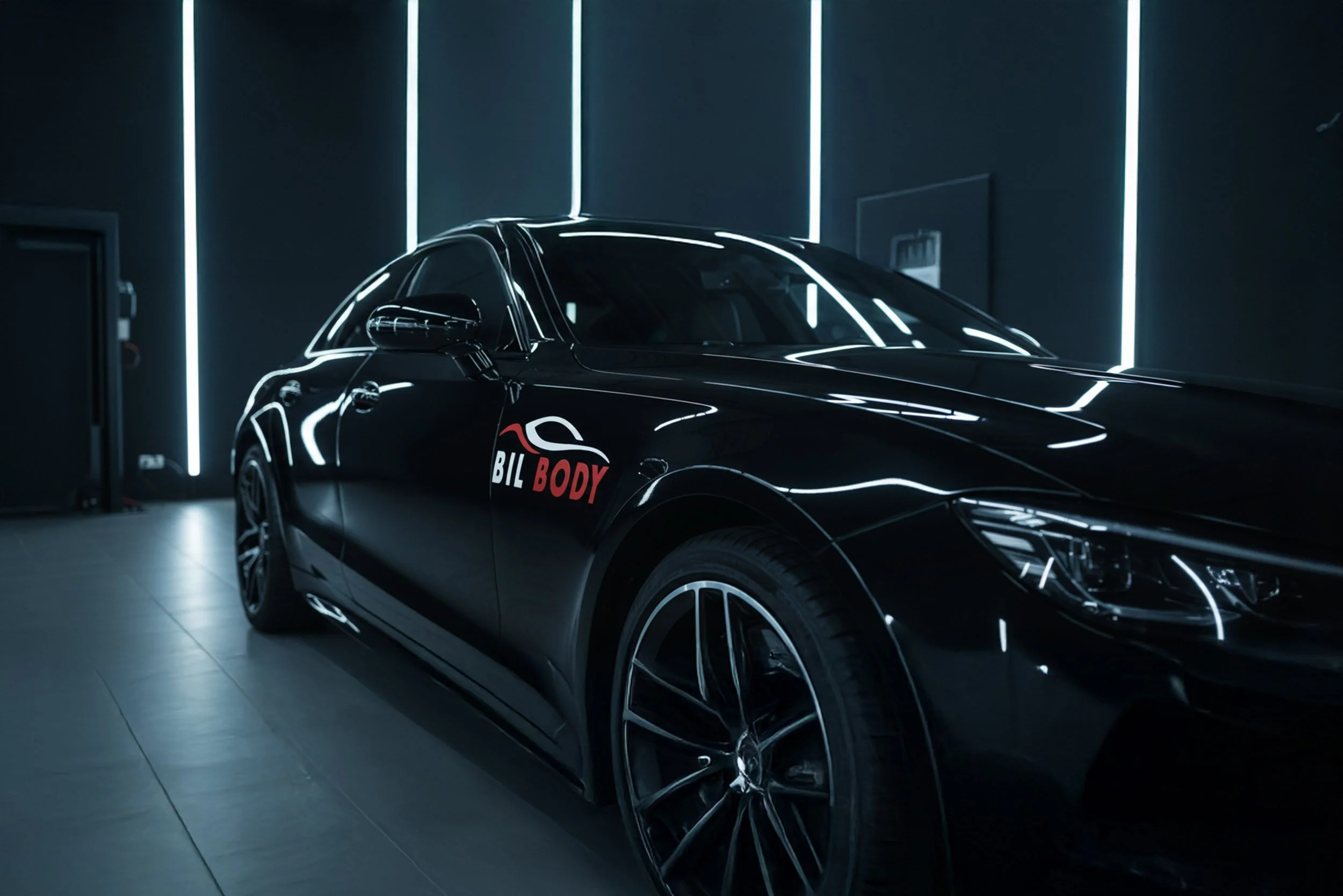 En svart bil med logoen 'BIL BODY' står i et moderne, mørkt rom med neonlysstriper.