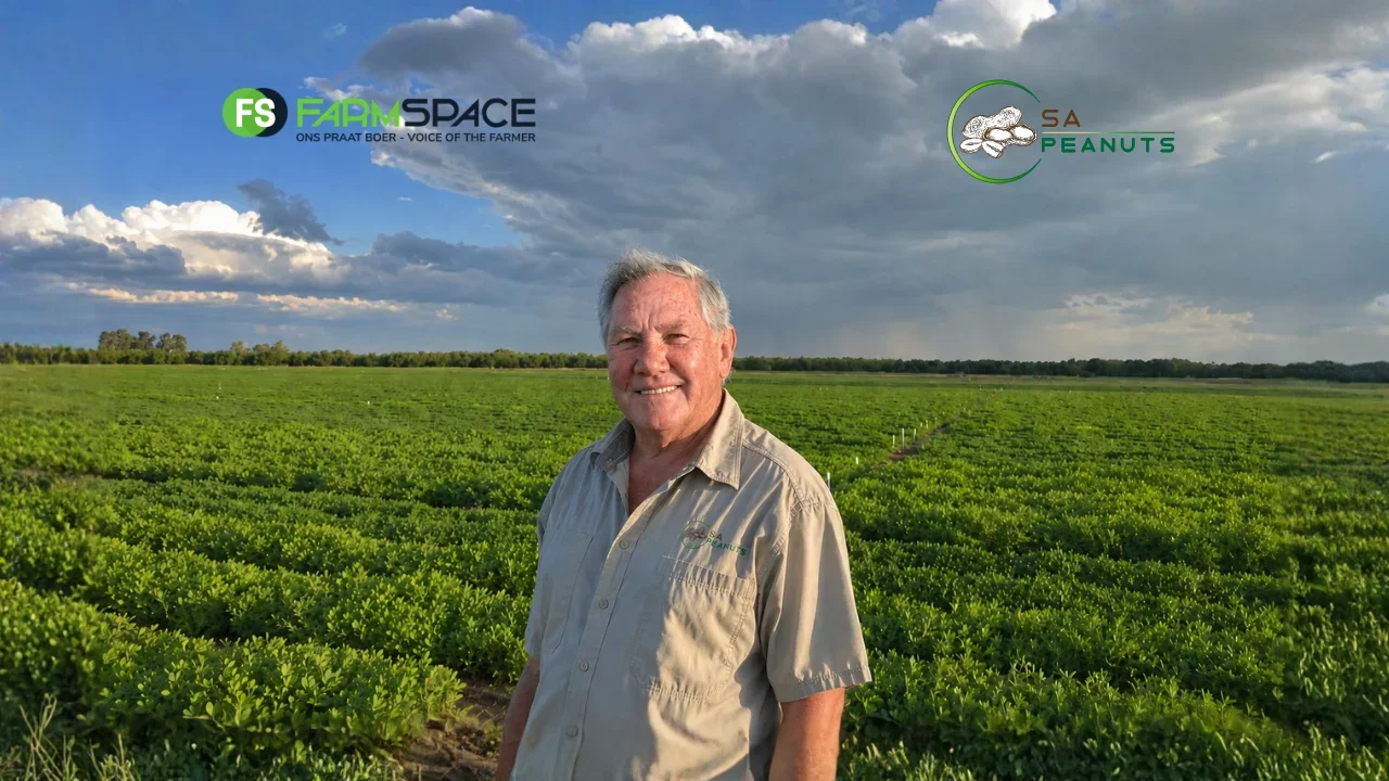 An older man smiling standing in a lush peanut field under a partly cloudy sky with farm and company logos in the sky.