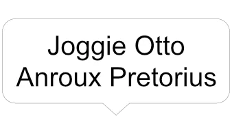 Text in a speech bubble displaying the names 'Joggie Otto' and 'Anroux Pretorius'.