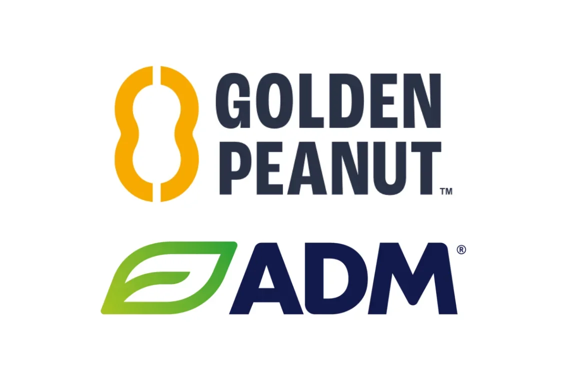 The image features the logos of Golden Peanut and ADM, with the Golden Peanut logo showing an abstract peanut shape in orange and the ADM logo including a green leaf design and the letters 'ADM' in navy blue.