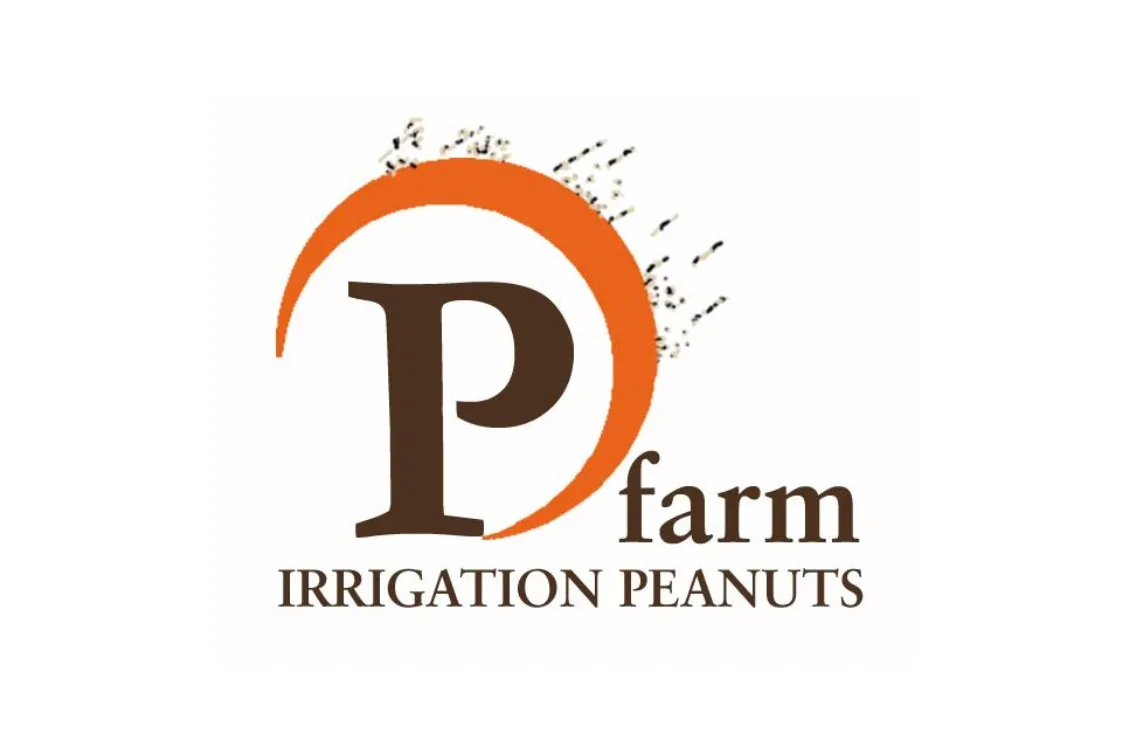 Logo for P Farm Irrigation Peanuts, featuring a stylized orange and brown design with a large 'P' and the text 'farm' and 'IRRIGATION PEANUTS' beneath.