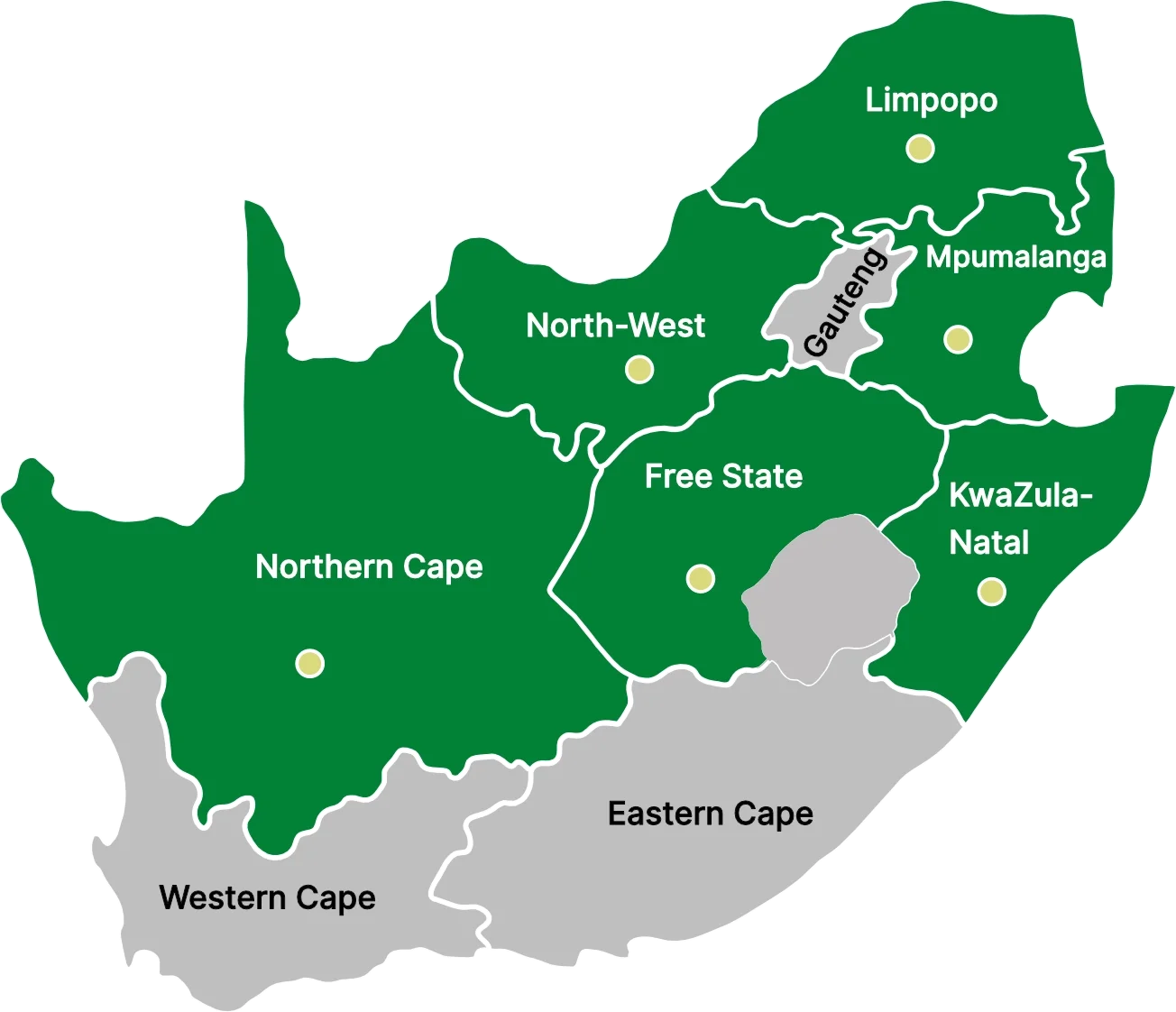 Map of South Africa showing provinces: Northern Cape, Western Cape, Eastern Cape, Free State, North-West, Limpopo, Mpumalanga, Gauteng, KwaZulu-Natal, and areas such as Gauteng and several lakes and borders.