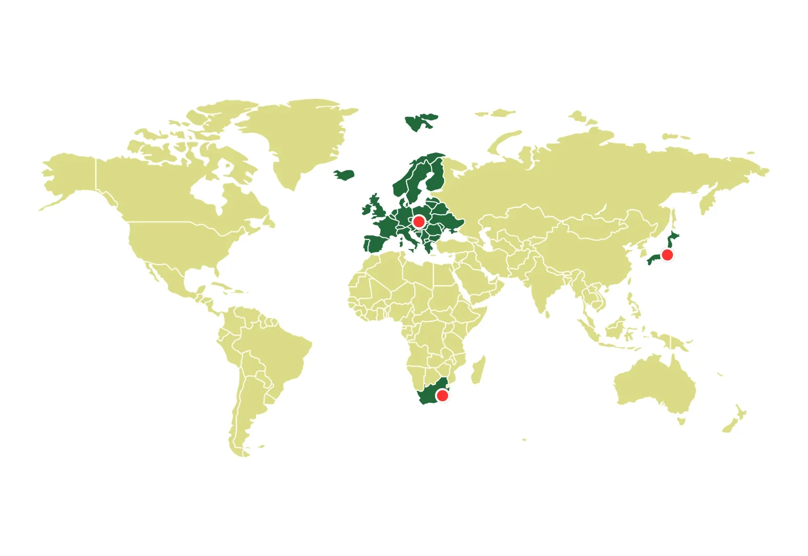 World map highlighting some European countries, parts of Africa, South America, and Asia with red circles near the capitals of Portugal, South Korea, Japan, and Argentina, and dark green shading on several European countries.