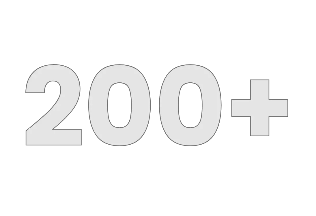 Text graphic reading '200+' in large gray font on a black background.