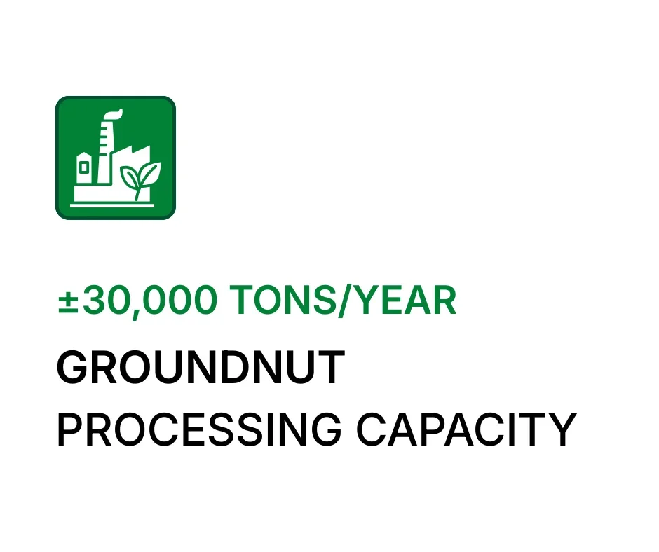 Icon of a factory with a leaf, indicating environmental or sustainable processing, with text stating the groundnut processing capacity of approximately 30,000 tons per year.
