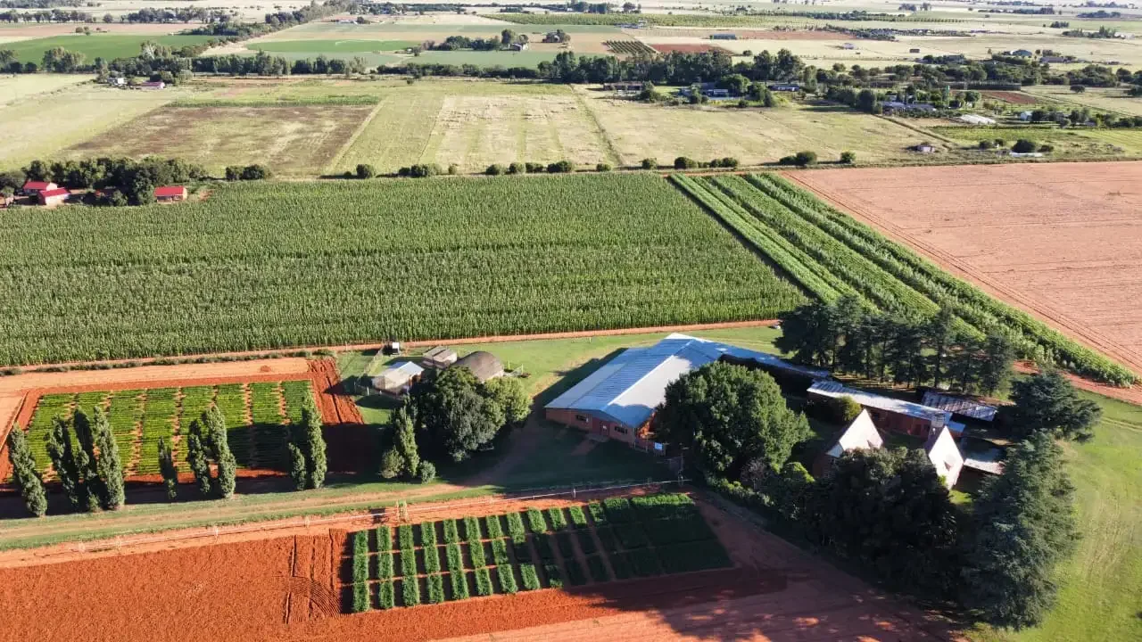 Aerial view of farmland with cultivated fields, trees, and farm buildings.