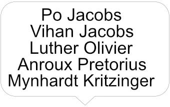 A white speech bubble with black text listing names: Po Jacobs, Vihan Jacobs, Luther Olivier, Anroux Pretorius, Mynhardt Kritzinger.