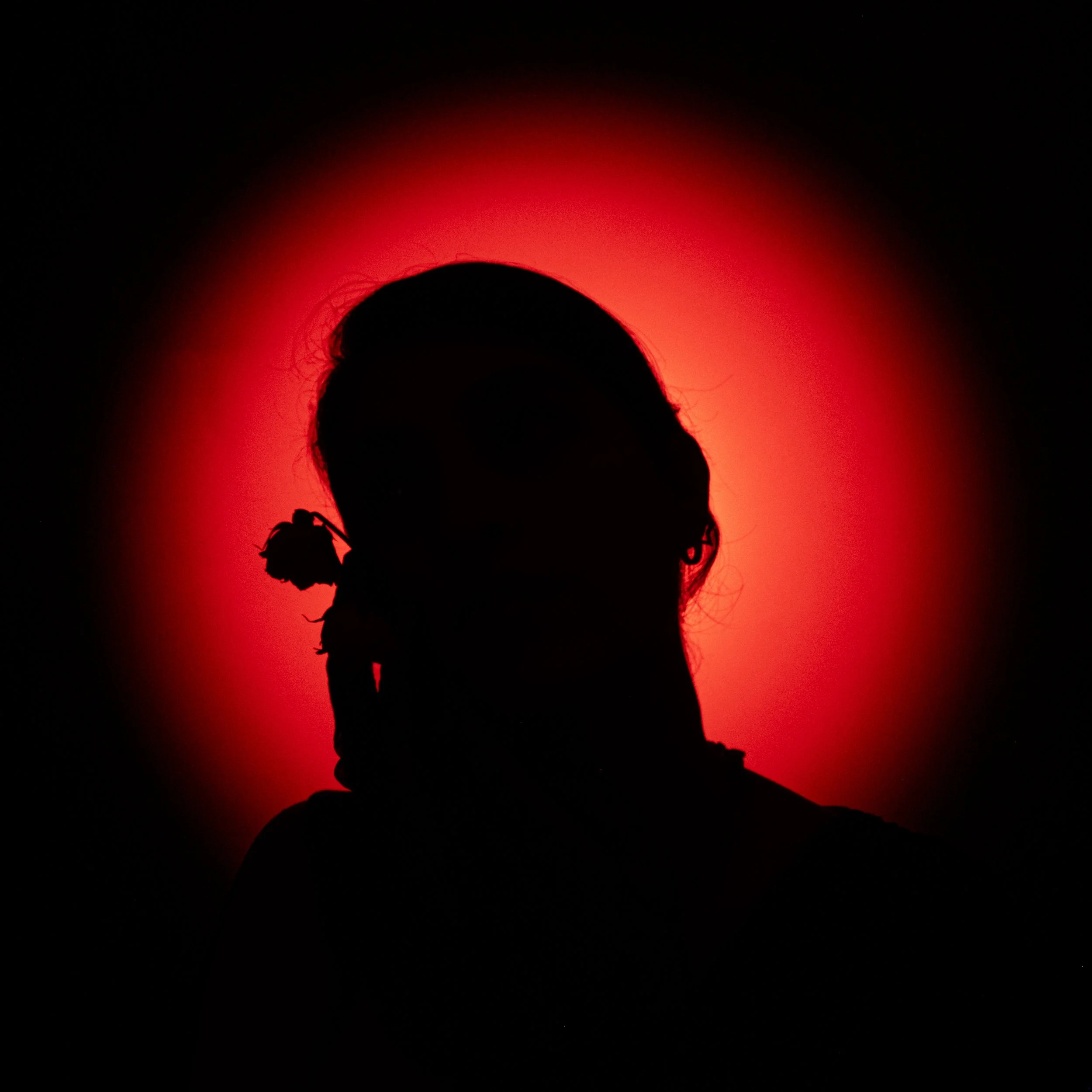 Silhouette of a woman with a flower in her hair, backlit by red and black background.