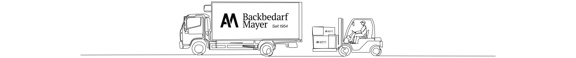LKW mit Aufschrift 'Backbedarf Mayer' fährt. Im Vordergrund ein Gabelstapler mit Fahrer.