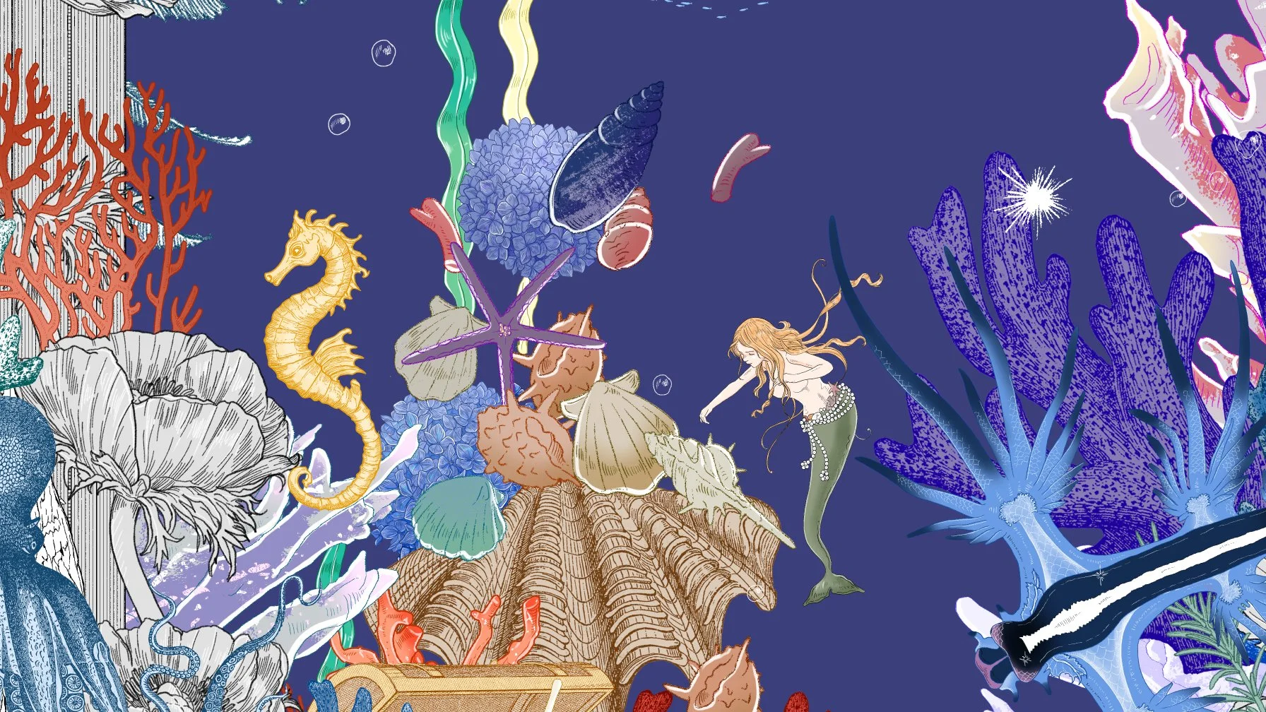 Underwater scene with various colorful marine life including coral, seaweed, seashells, a seahorse, starfish, and a mermaid, set against a dark blue background.