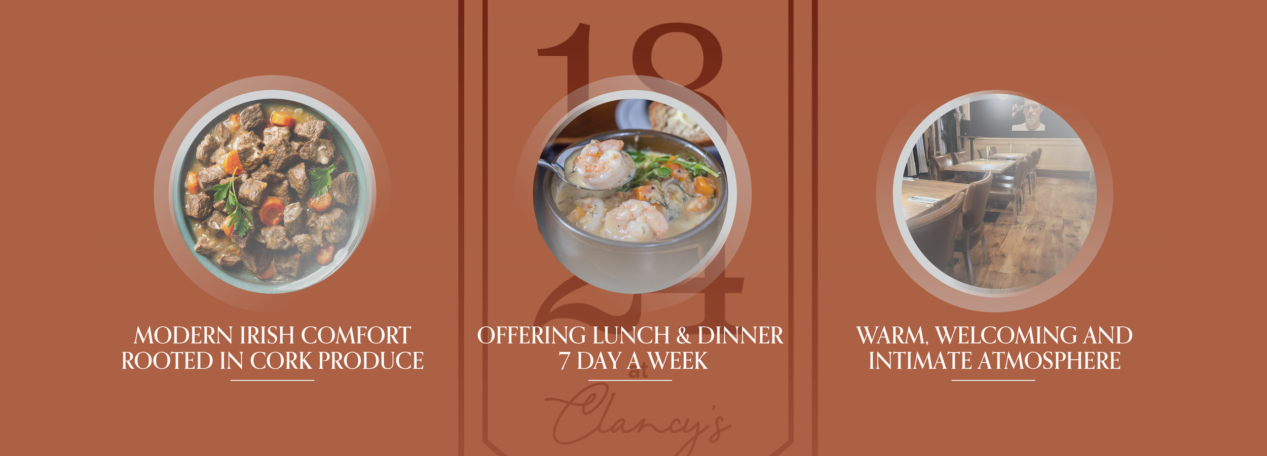 Image promoting a restaurant offering Irish comfort food. It features a dish of beef stew with carrots and parsley, a bowl of seafood chowder with shrimp and vegetables, and an empty cozy dining area with wooden tables and chairs.