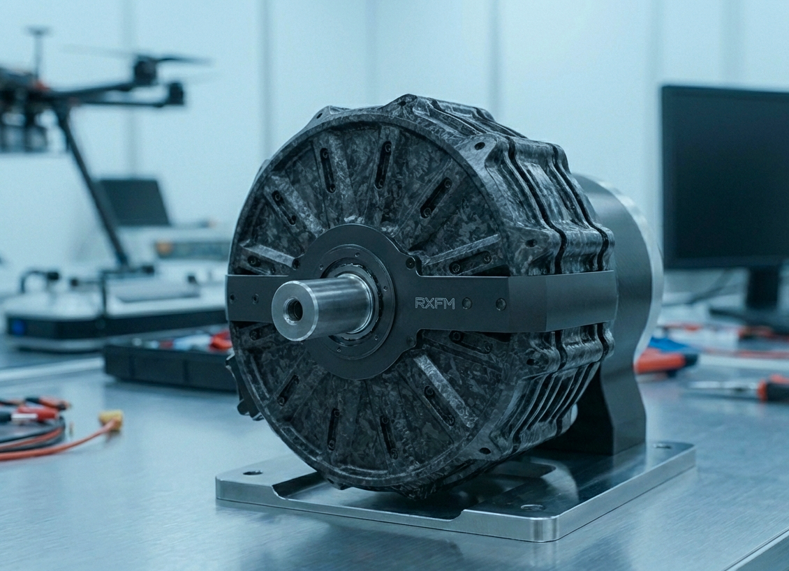 A large electric motor with a carbon fiber casing, mounted on a metal test stand in a laboratory or workshop setting.