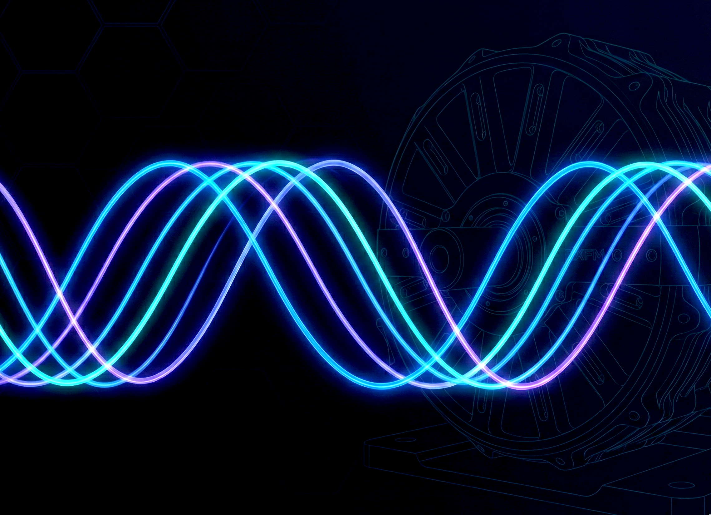 Colorful neon wave patterns and a digital outline of a mechanical or engine part on a dark background.
