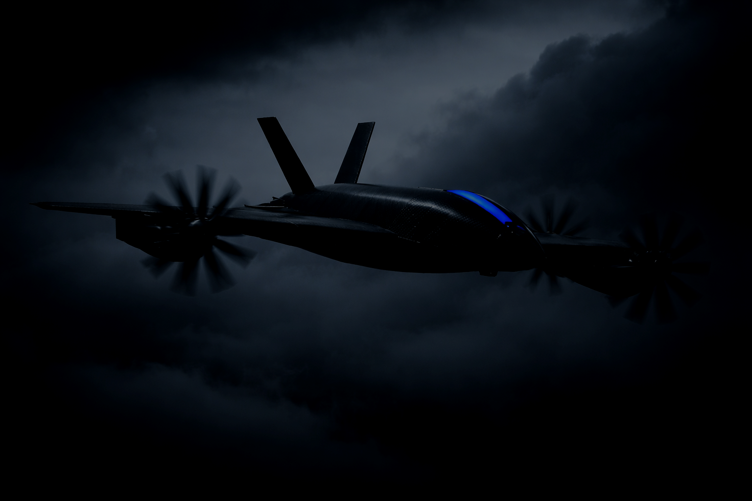 A black futuristic aircraft flying through dark stormy clouds with spinning propellers and a glowing blue window.