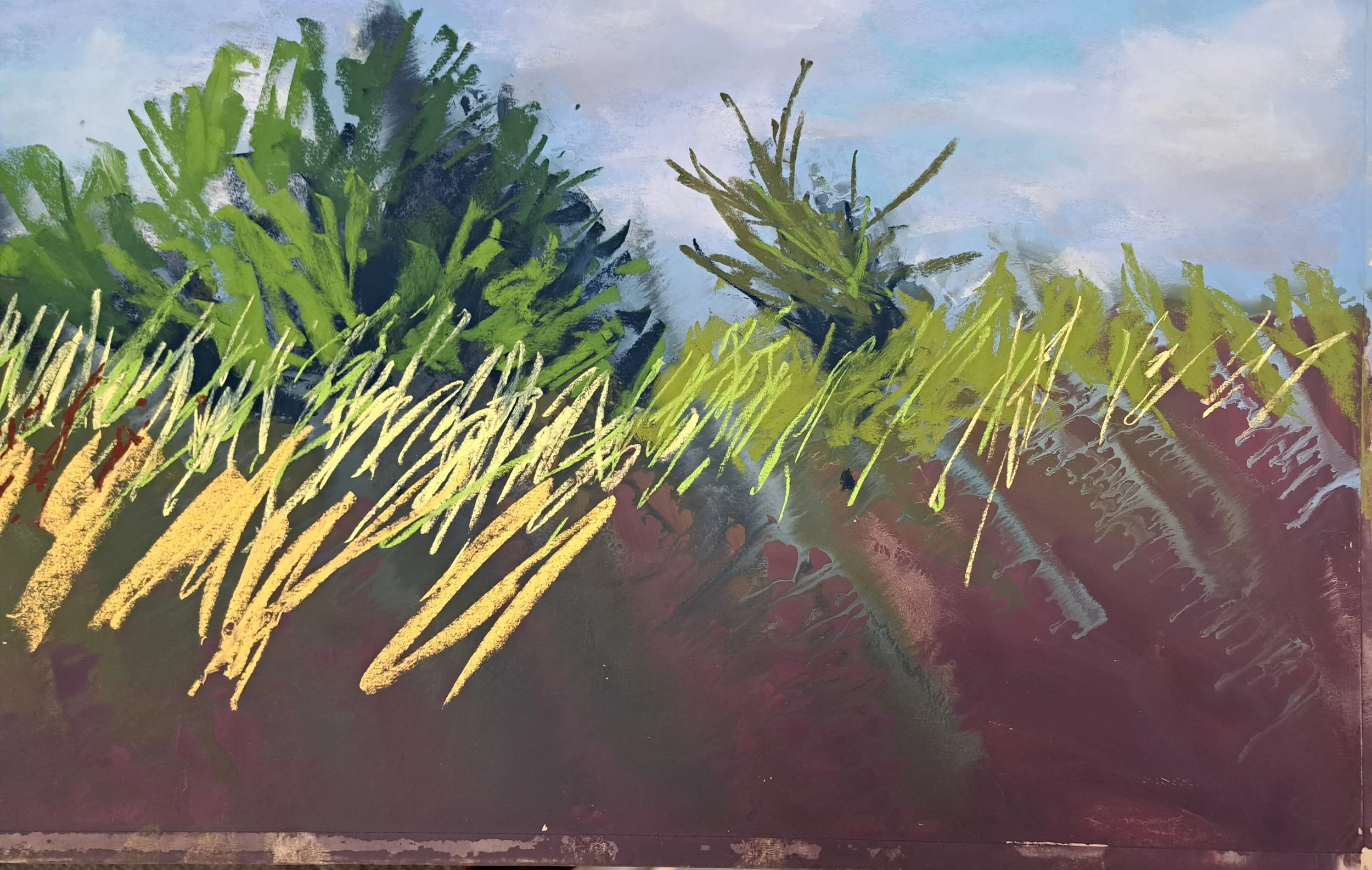 A colorful abstract painting of a landscape with green plants, trees, and purple ground.