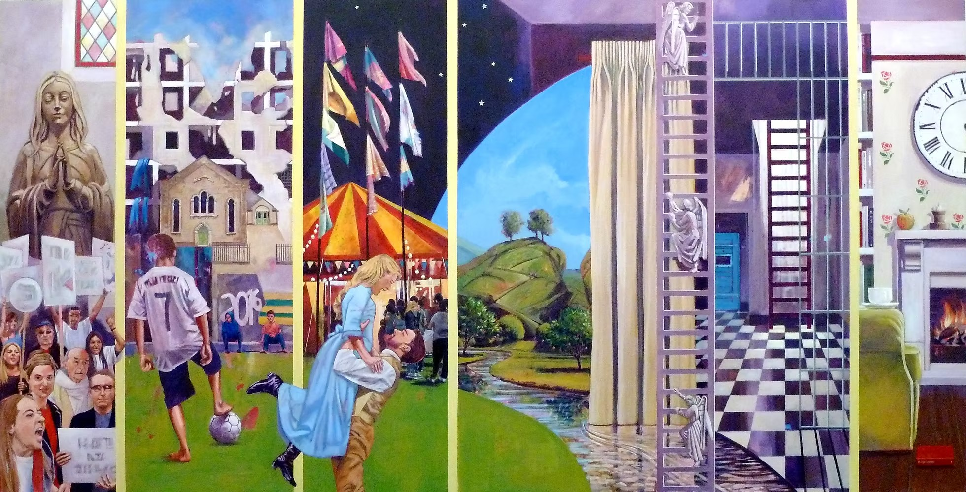 A colorful mural depicting various scenes with a religious figure, a protest, a festival, nature, and interior spaces.