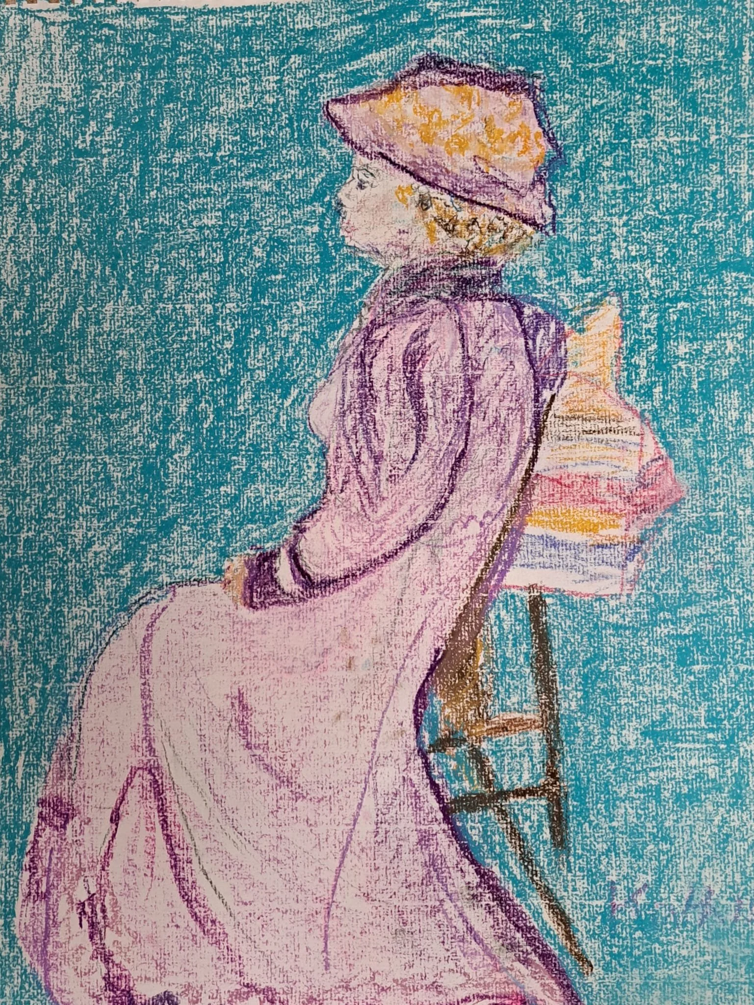A pastel drawing of a person sitting on a stool, wearing a hat and a long coat, with a striped bag hanging on the side.