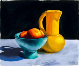 Painting of a bowl of peaches and a yellow pitcher on a table with a dark background.