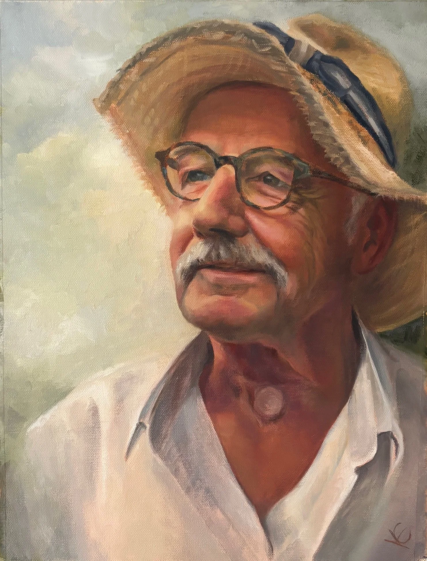 A painting of an elderly man wearing a wide-brimmed hat, glasses, and a white shirt, against a light, cloudy background.