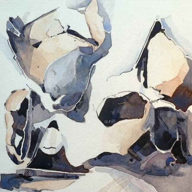 Watercolor painting of two dogs, one with a black and white coat and the other with brown and white fur, lying down.