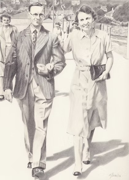 A pencil sketch of a man and woman walking arm in arm outdoors, smiling, with other people and a fence in the background.
