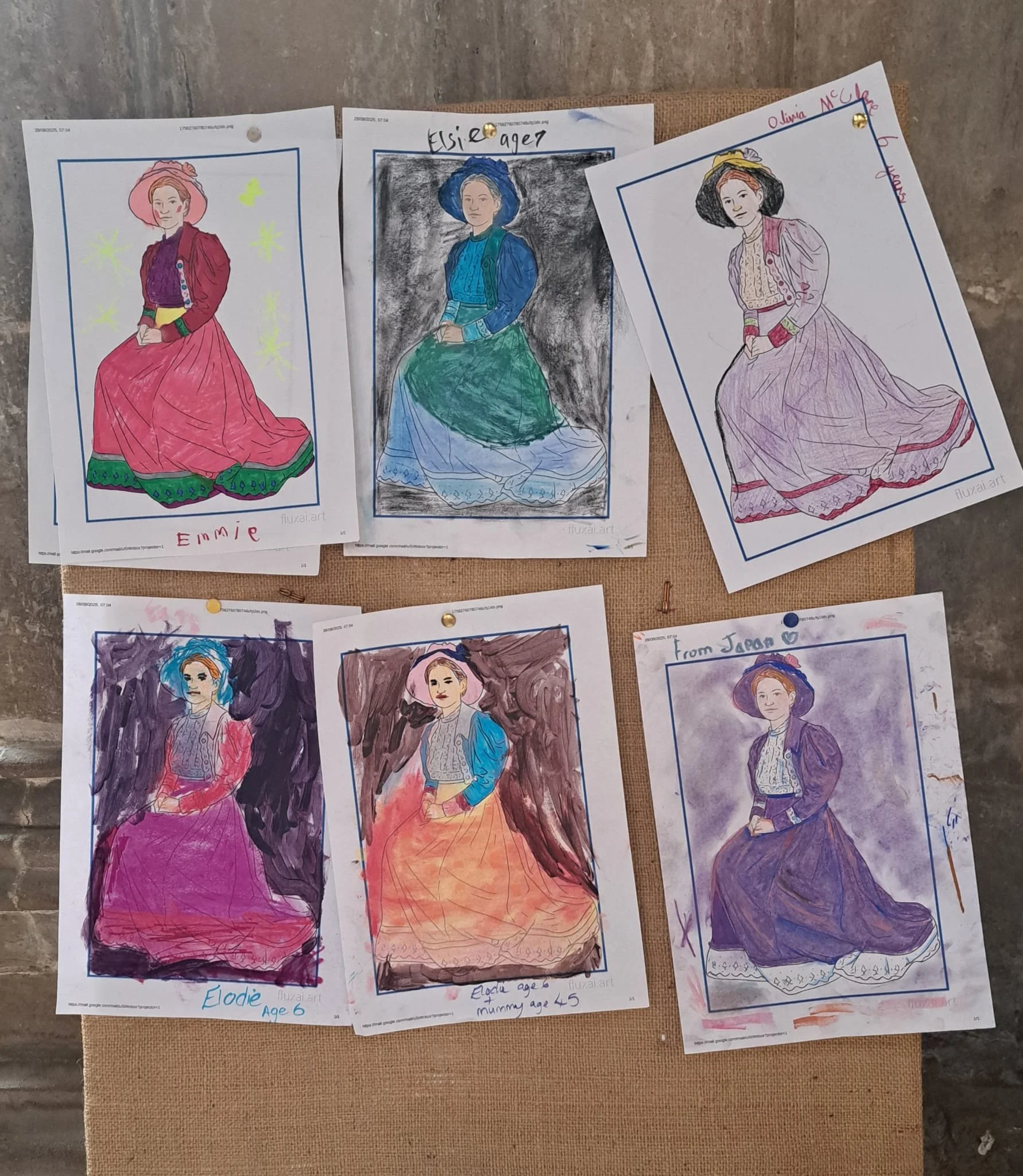 Six colored drawings of women in dresses, each with different styles and colors, with names and ages written beneath. Some drawings are on white paper, others are painted with different colors, and there are handwritten notes.