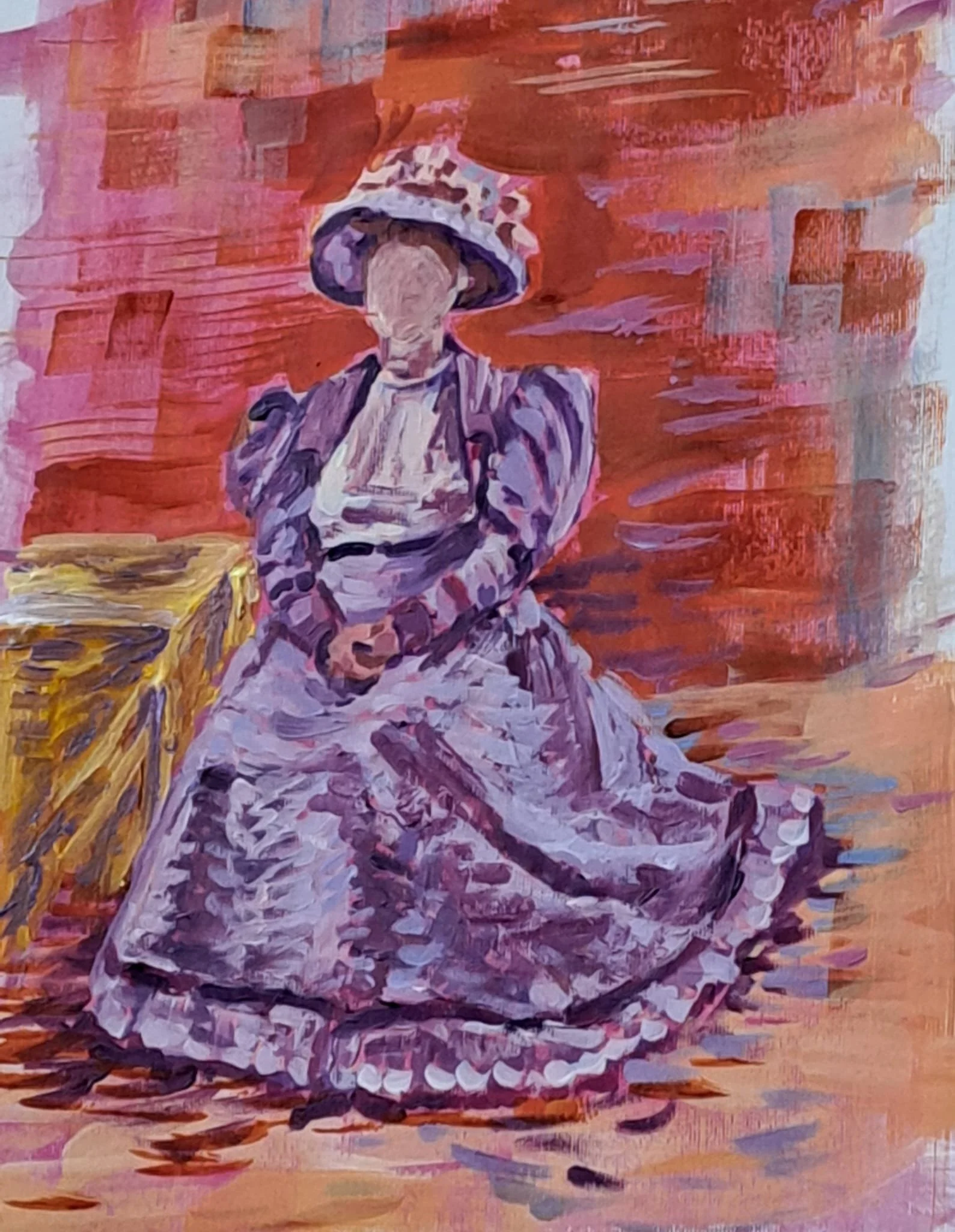 Painting of a woman dressed in Victorian era clothing, sitting with a large hat, against an abstract red and orange background.