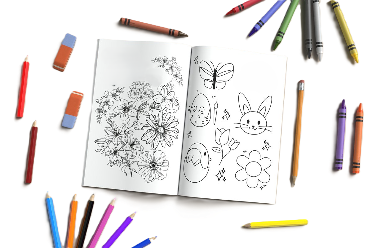 Open coloring book with floral illustrations on the left page and cartoon animal and Easter-themed drawings on the right, surrounded by colored crayons and pastels.