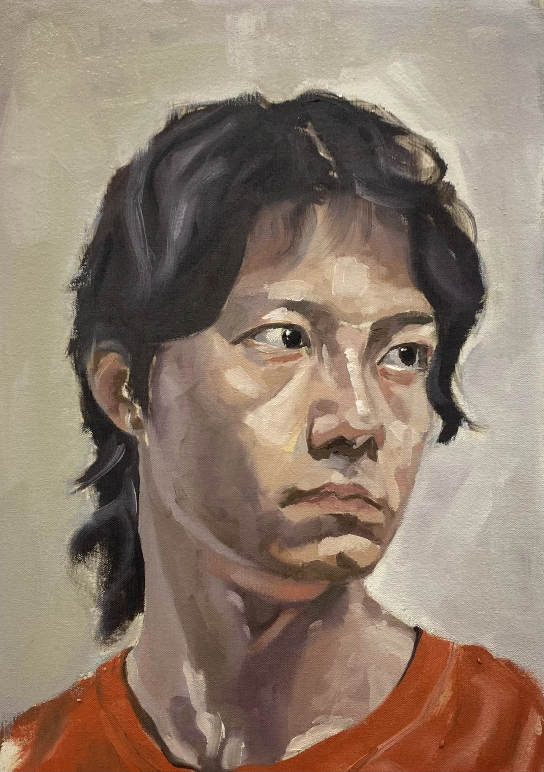 A portrait painting of a woman with short, dark, wavy hair, wearing a red top, looking to her right with a serious expression.