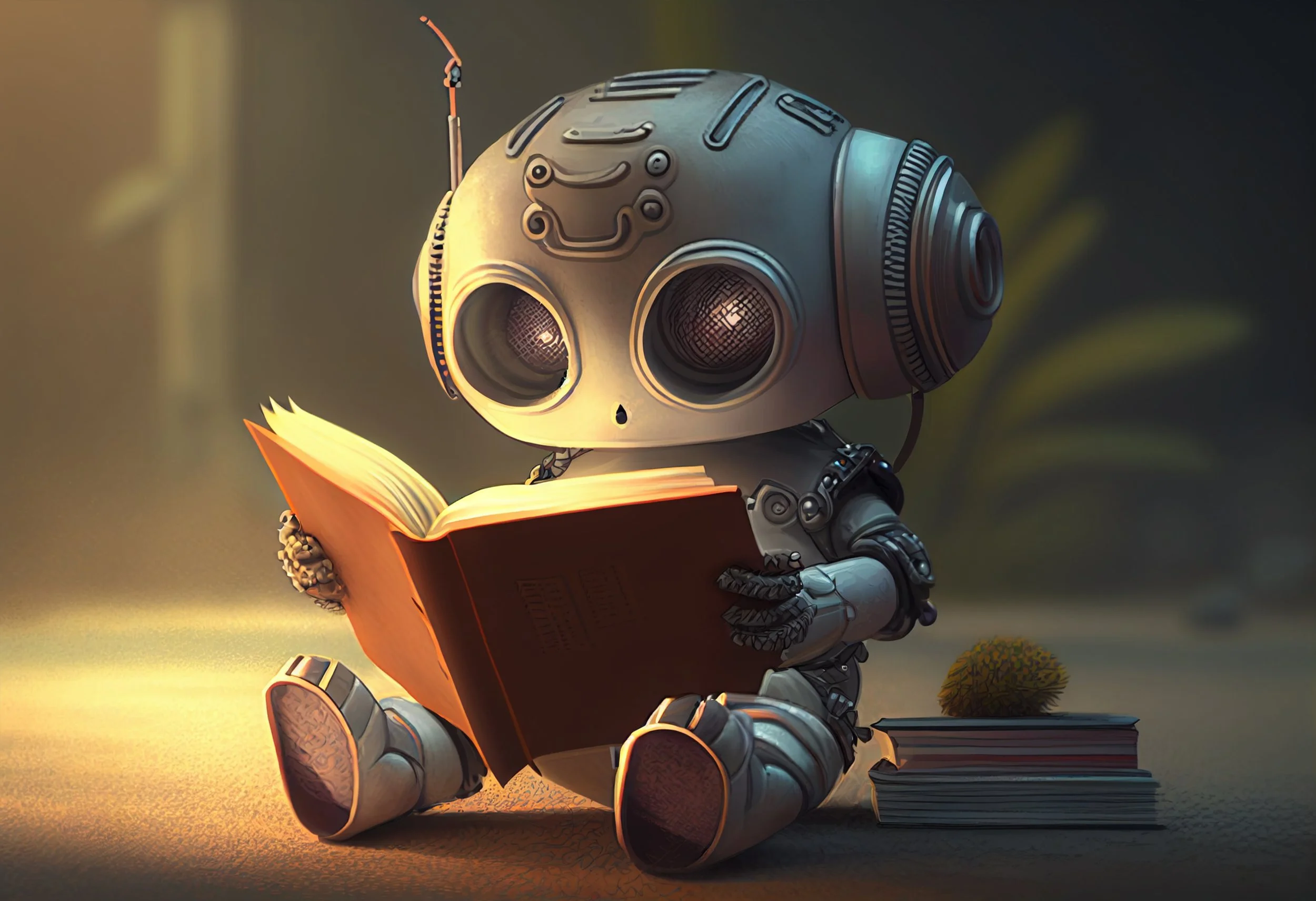 A cute robot with a large, round head and big eyes is sitting on the ground, reading a book. The robot has a metallic body with joints and wires, and it is surrounded by a few other books and a small plant, with a blurred background.