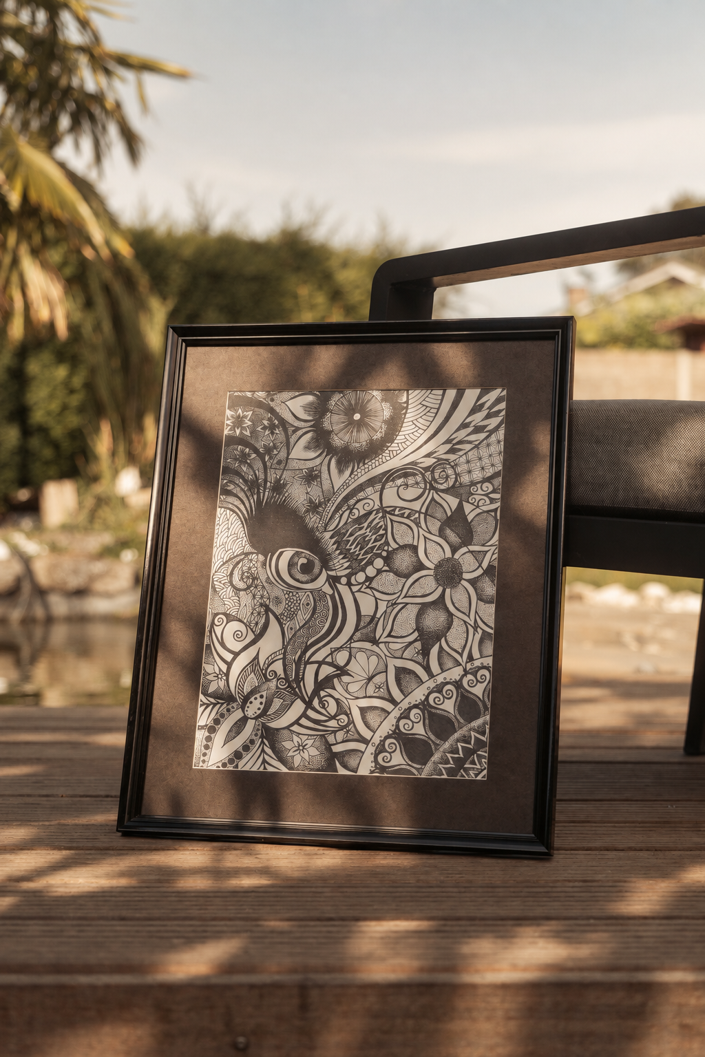 Zwart-wit kunstwerk met abstracte bloemen en patronen, geplaatst in een zwart frame op een houten vloer buiten in de zon, met een achtergrond van bomen en een waterpartij.