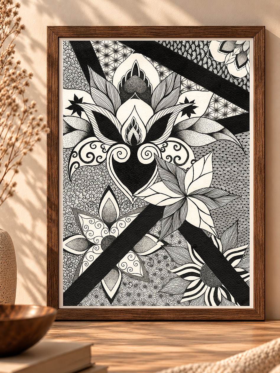 Zwart-wit inkttekening van geometrische bloemen en bladeren, ingelijst en geplaatst op een houten tafel met decoraties