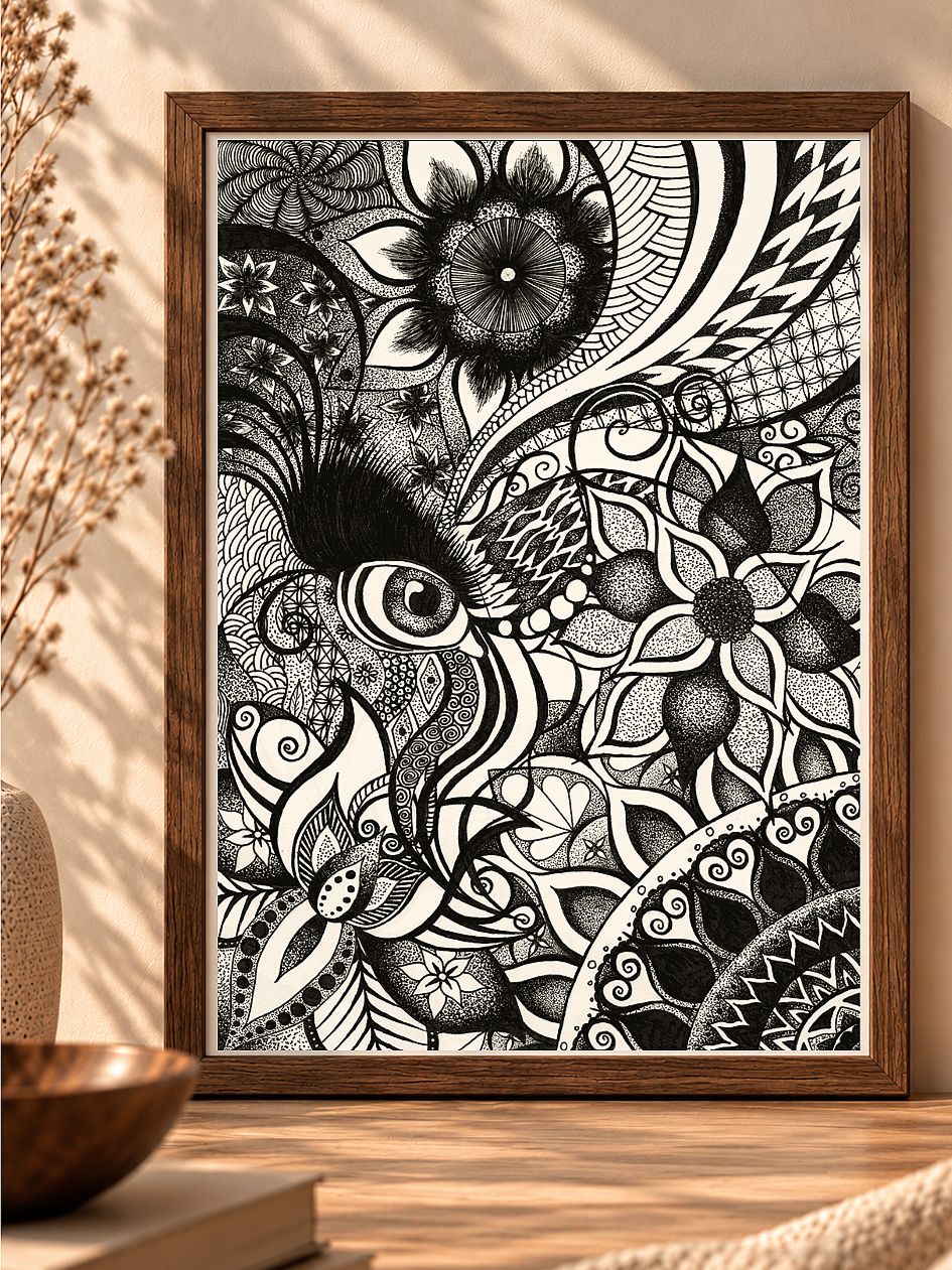 Zwart-wit kunstwerk met bloemen, bladeren, geometrische patronen en een oog, in een houten lijst, hangend aan een muur.
