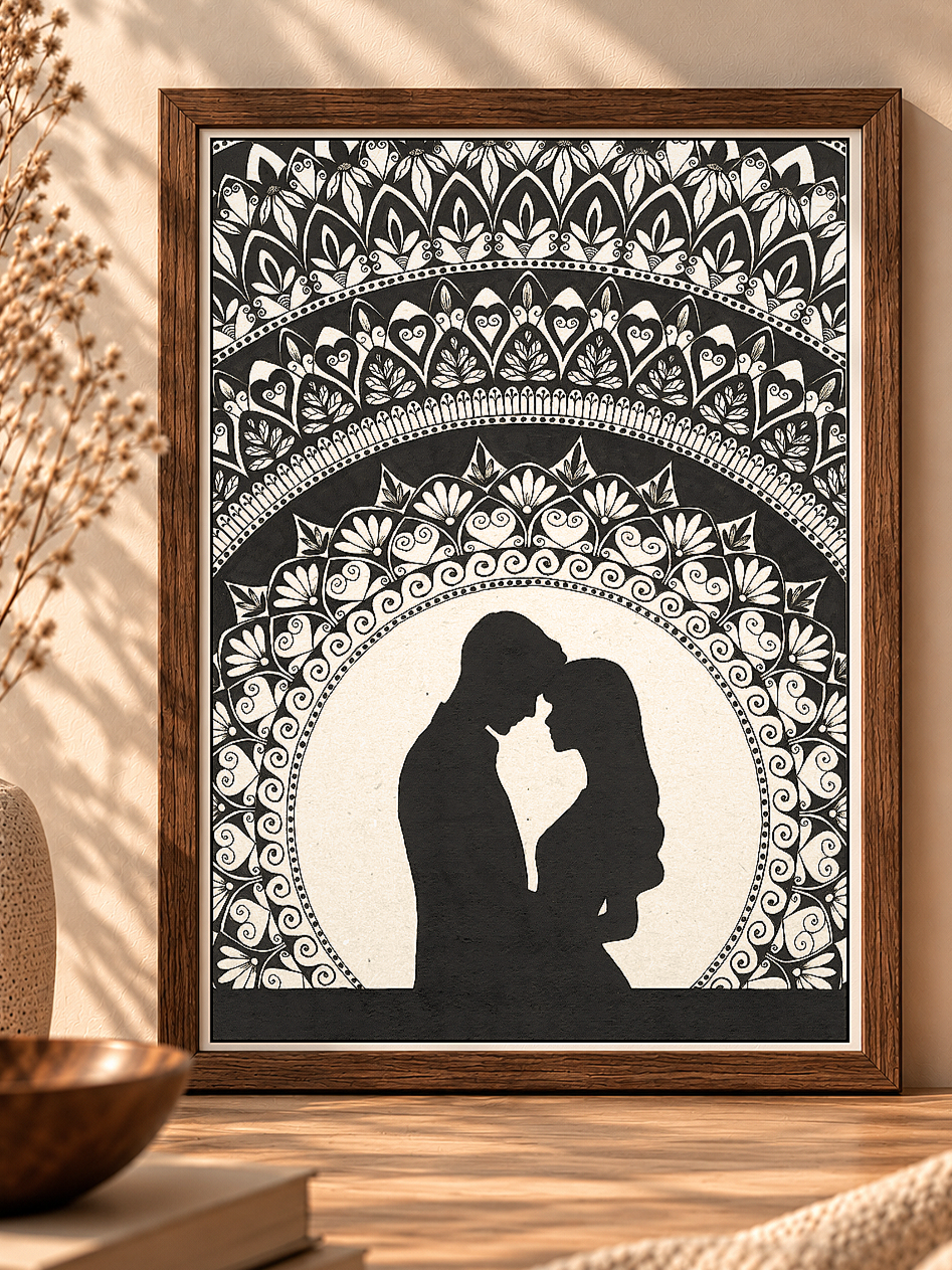 Silhouet van een man en een vrouw die elkaar met hun voorhoofden raken, omgeven door een decoratief zwart-wit ontwerp in een lijst.