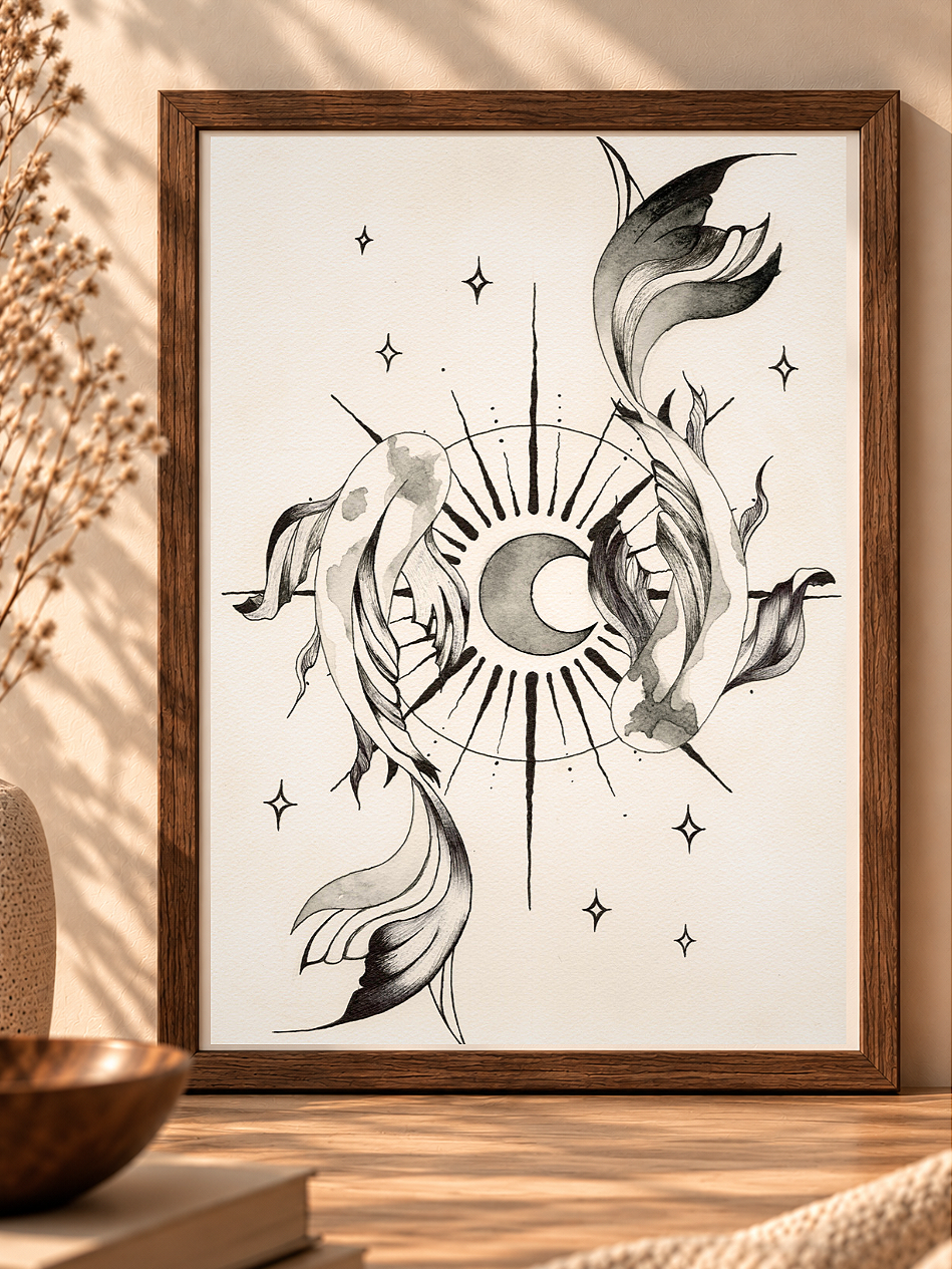 Een zwart-wit tekening van twee vissen, een maan en sterren, met een zon en maan in het midden, omgeven door sterren en stralen.