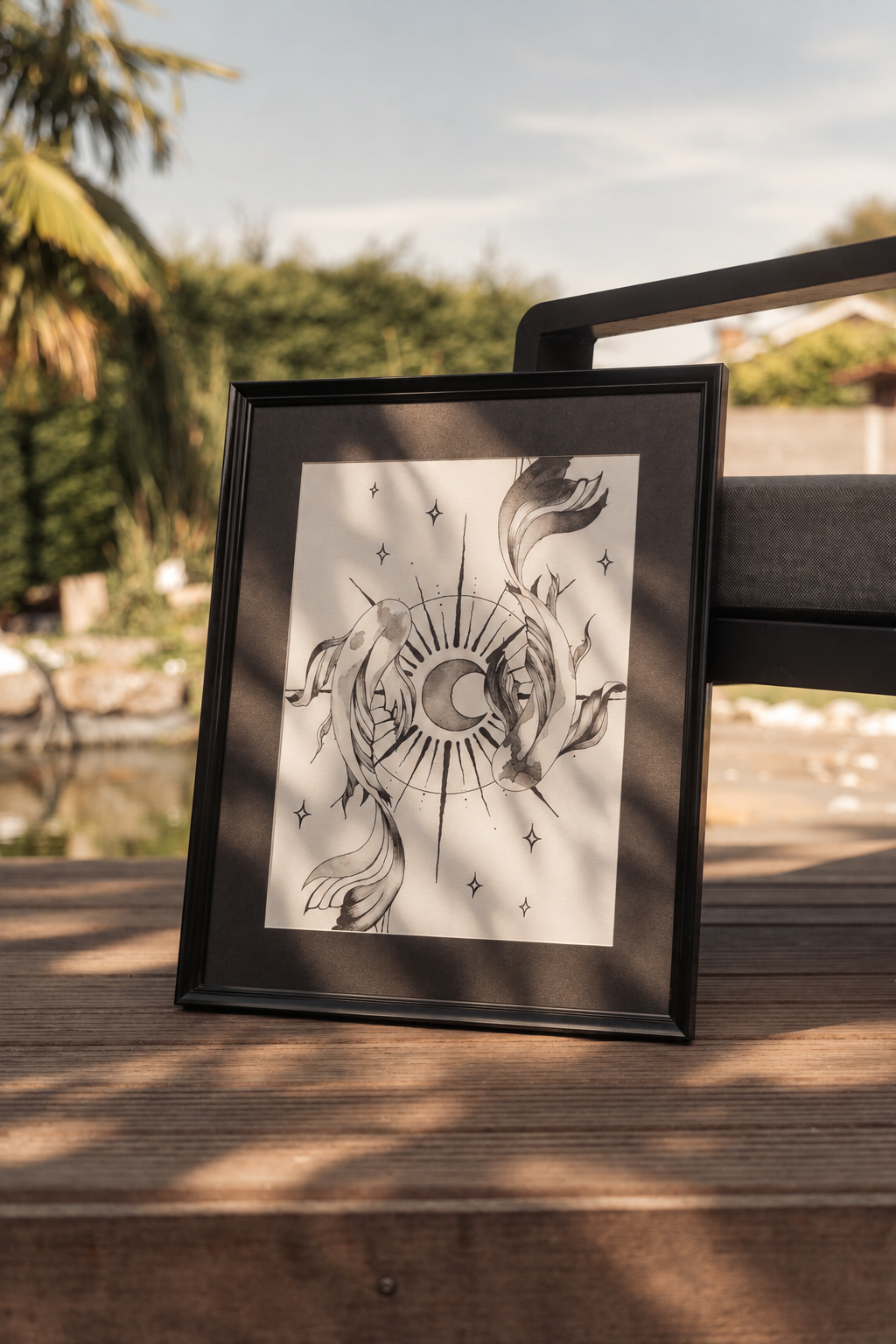 Zwart-wit kunstwerk met maan, sterren en vissen op een houten tafel buiten