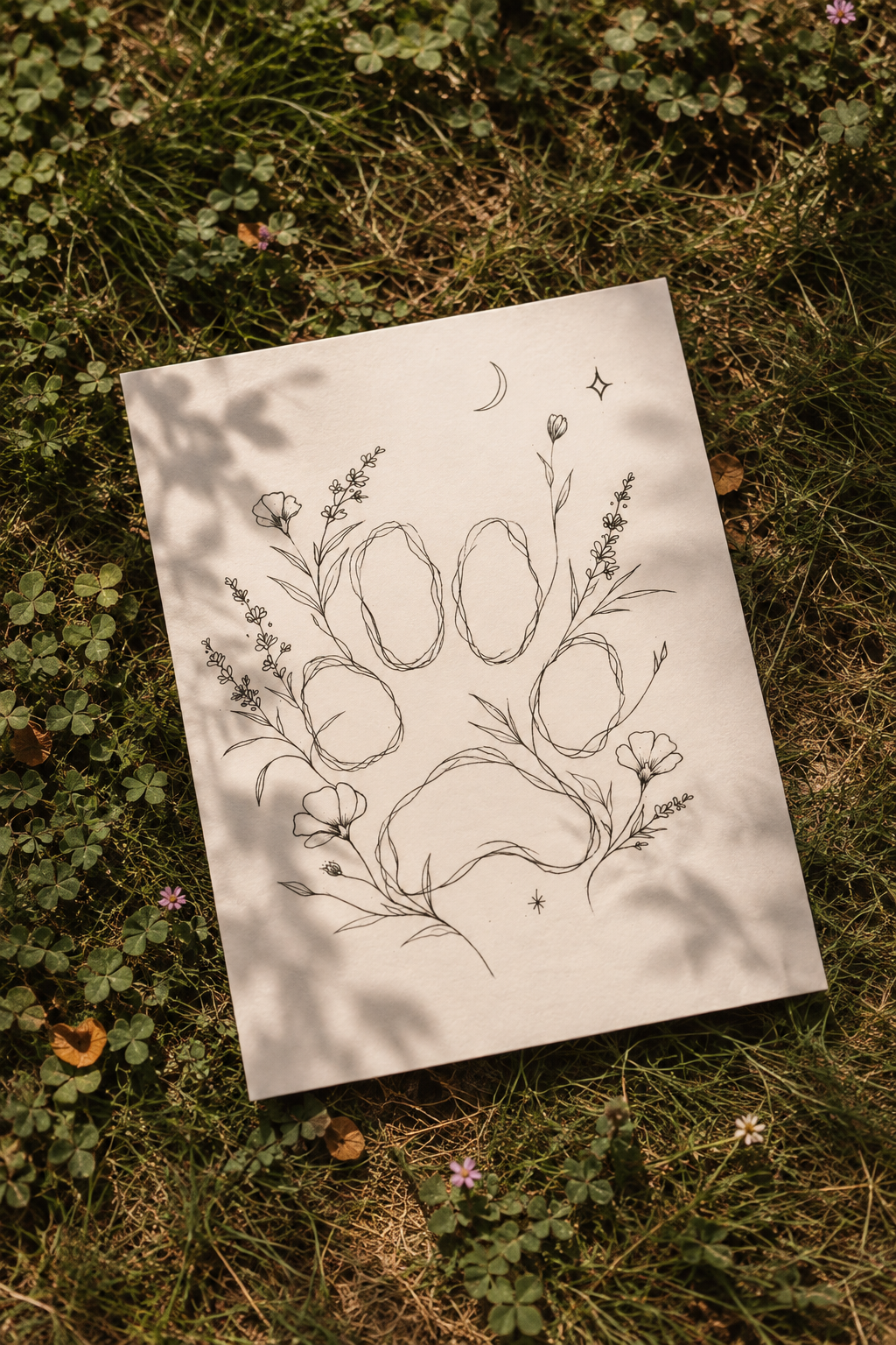 Een tekening met de woorden 'Doo' en 'Gee' omringd door bloemen, planten, een halve maan, een ster en een fonkelende ster op een stuk papier in het gras.