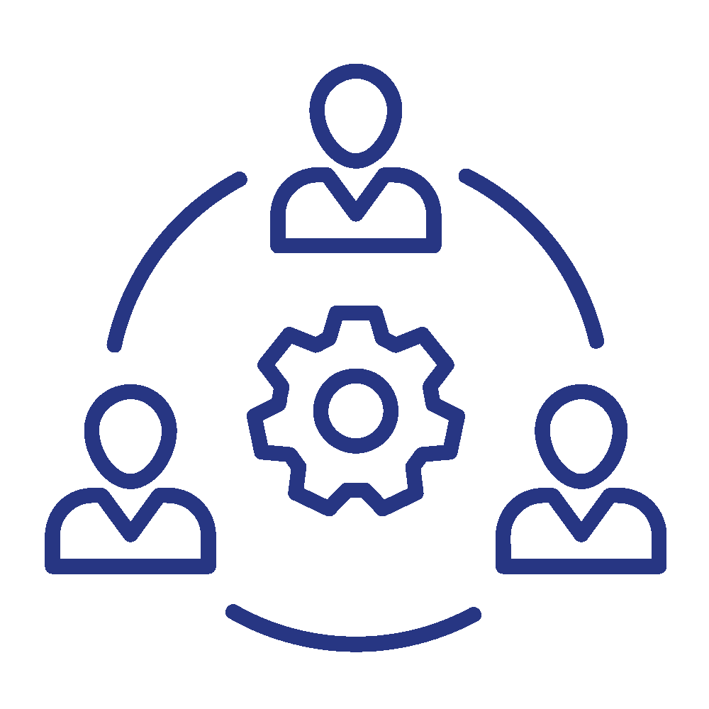 En digital illustrasjon av tre personer koblet sammen med en tannhjulet i midten, representerer samarbeid og team management.