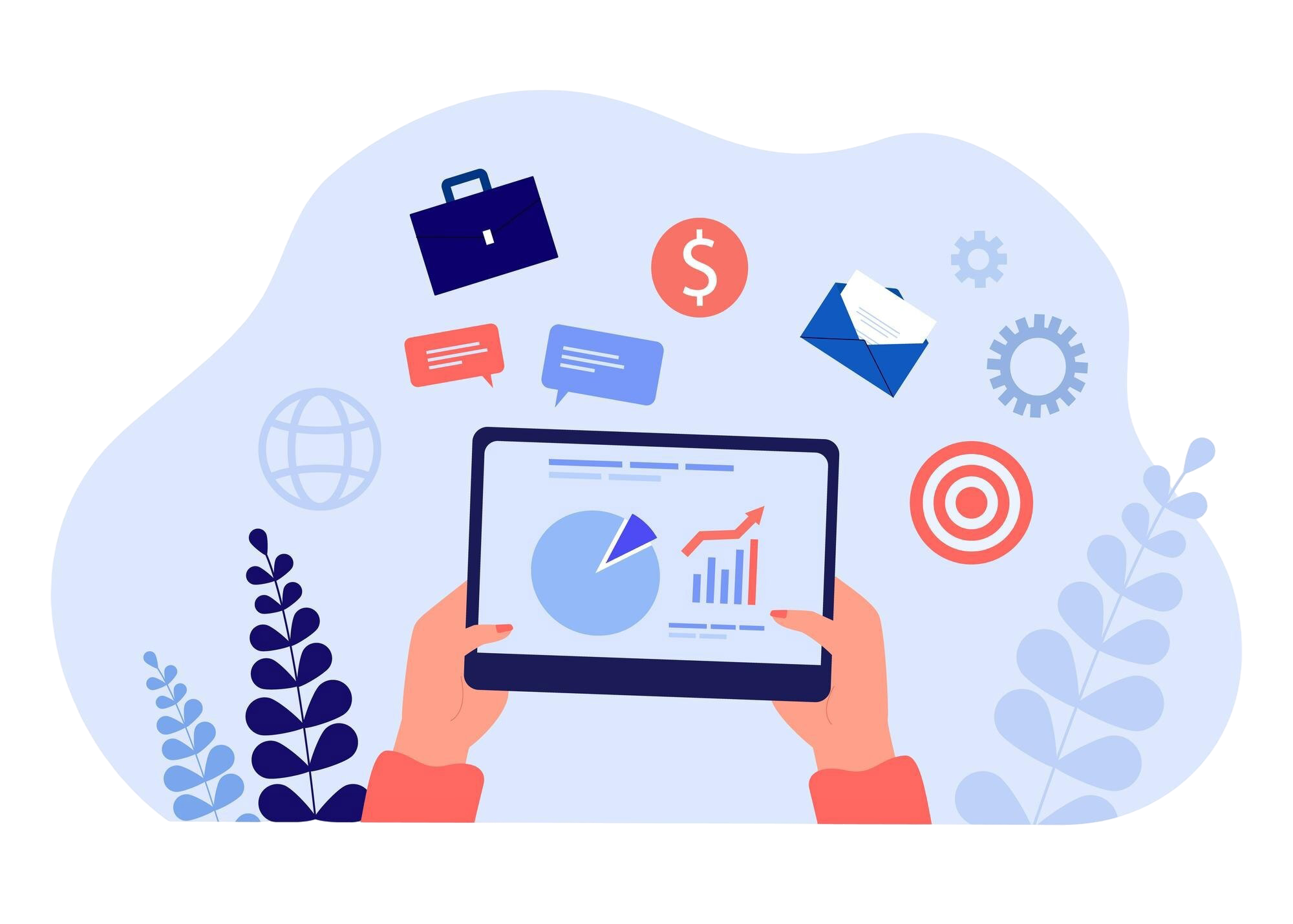 En person holder en nettbrett med grafer og diagrammer, omgitt av ikoner som representerer forretning, kommunikasjon, mål og økonomi.