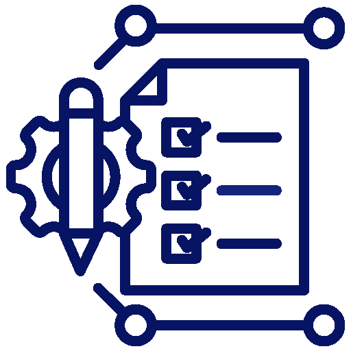 Ikon av en pen, et tannhjul og et dokument med avkrysningsbokser, som symboliserer planlegging og prosessforbedring.