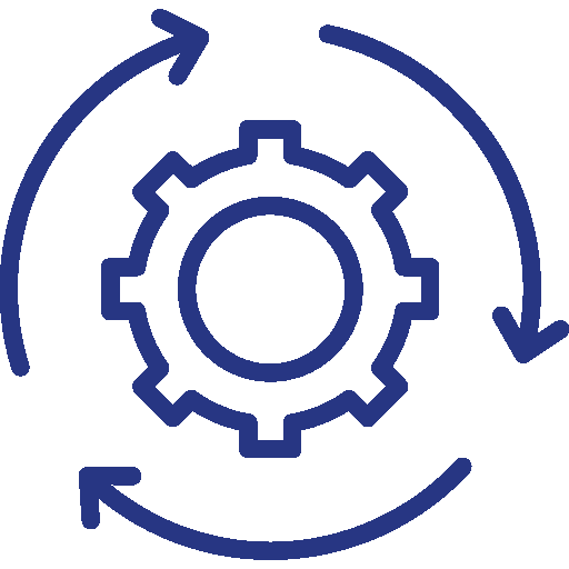 En blå, teknisk gear med piler som indikerer en syklisk prosess rundt den.