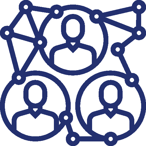 Illustrasjon av tre personer omgitt av et nettverk av linjer og punkter som symboliserer forbindelser og sosiale nettverk.